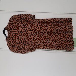 Who What Wear Size Small Black Brown Floral Linen Blend Shift Dress Puff Sleeve